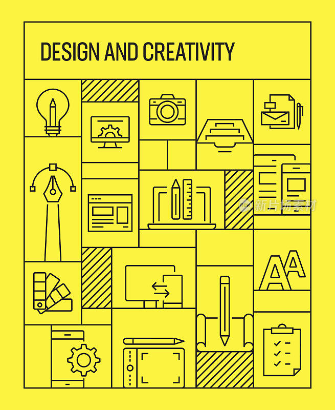Design and Creativity Concept. Geometric Retro Style Banner and Poster Concept with Design and Creativity Line Icons
